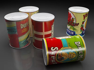 Assorted Canned Goods With Various Labels Including Sardines And Pumpkin On Gray Background 3d model