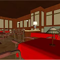 Warm Elegant Restaurant Interior With Dark Reddish Brown Walls Wall Lamps And Pink Tablecloths