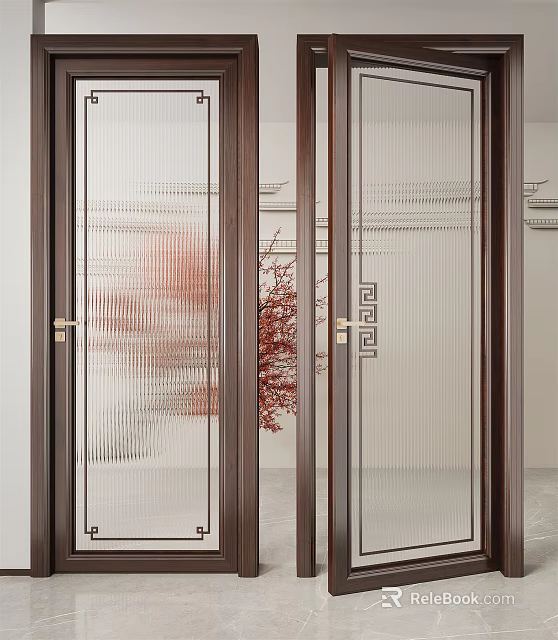 Modern Interior Swing Door With Glass Panel Wooden Frame And Elegant Patterns 3d model 