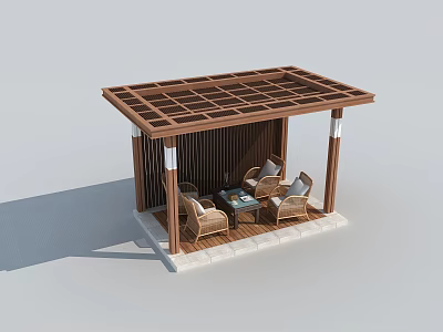Outdoor Wooden Pergola With Rattan Table And Chair Set For Patio 3d model