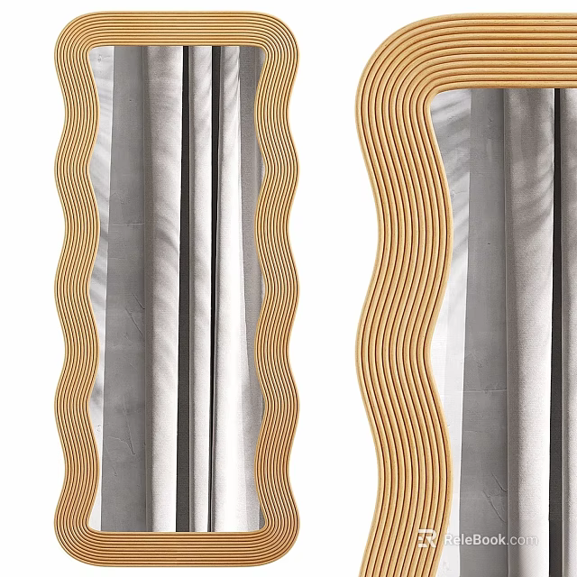 Golden Wavy Framed Mirror Against Gray Curtains With Soft Light Shadows 3d model 