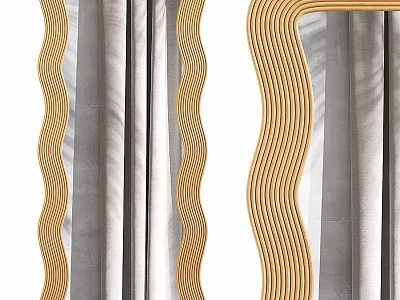 Golden Wavy Framed Mirror Against Gray Curtains With Soft Light Shadows 3d model