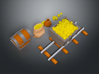 Mine Cart Filled With Gold Coins Near Wooden Barrel And Clay Pot 3d model