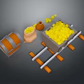 Mine Cart Filled With Gold Coins Near Wooden Barrel And Clay Pot
