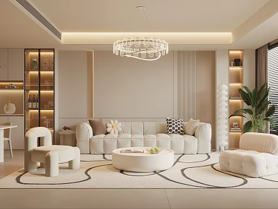 Modern Living Dining Room Interior With Beige Sofa Round Coffee Table Chandelier And Rug 3d model