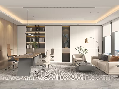 Modern Office Interior With Spacious Desk Ergonomic Chairs Bookshelf Sofa Floor Lamp And Large Windows 3d model