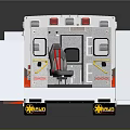 White Ambulance Rear View With Open Doors And Interior Medical Equipment Seats