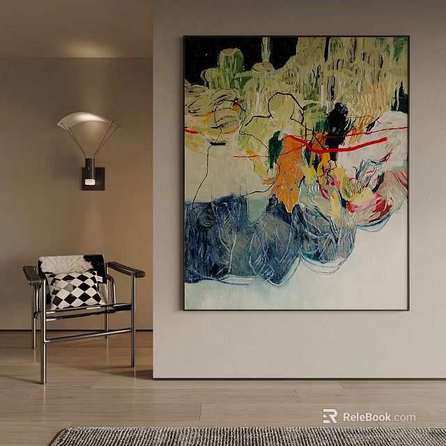 Abstract Landscape Painting In Modern Interior With Chair And Lamp 3d model 