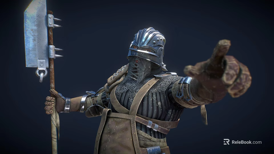 Helmeted Game Movie Knight Character In Metallic Armor Holding Spiked Spear Pointing Forward 3d model 