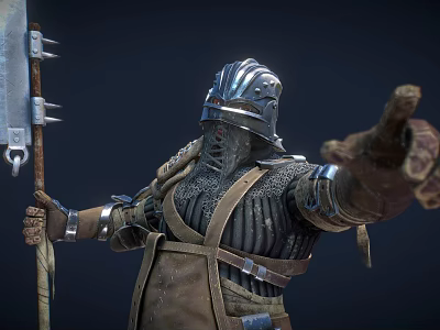 Helmeted Game Movie Knight Character In Metallic Armor Holding Spiked Spear Pointing Forward 3d model