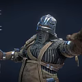 Helmeted Game Movie Knight Character In Metallic Armor Holding Spiked Spear Pointing Forward
