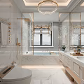 Luxury Bathroom Interior With Marble Countertop Double Sink Vanity Large Mirror And Bathtub