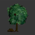 Cartoon Scene Featuring Green Leafy Tree Brown Trunk Orange Fruits And Small Brown Stump