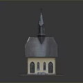 Traditional Church Building With Yellow Exterior Gray Roof Pointed Steeple And Arched Windows