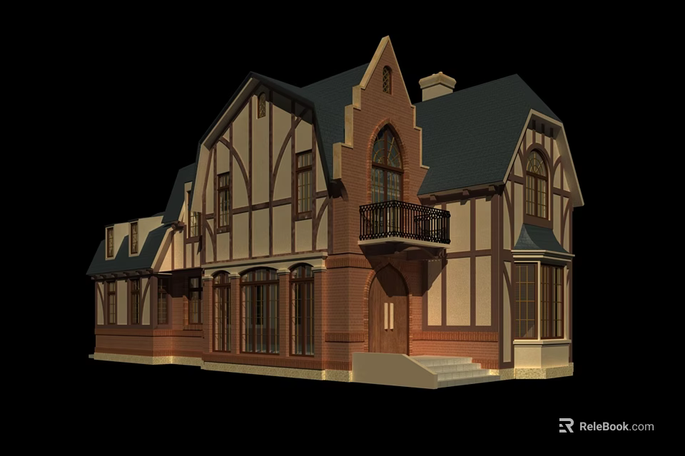 Traditional Detached Villa Featuring Wooden Frame Brick Exterior Dark Roof And Balcony 3d model 
