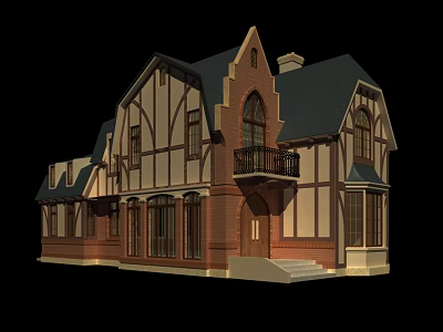 Traditional Detached Villa Featuring Wooden Frame Brick Exterior Dark Roof And Balcony 3d model