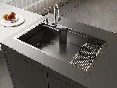 Modern Stainless Steel Kitchen Sink On Countertop With Faucet Drain Rack And Fruit Plate 3d model
