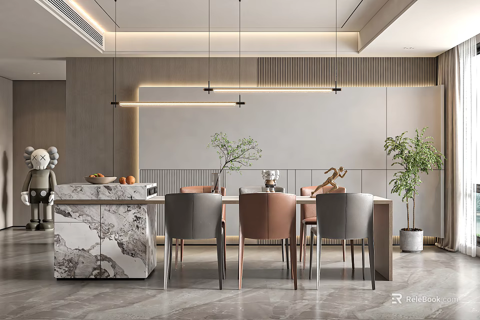 Modern Open Concept Restaurant Interior Design With Dining Table Chairs And Pendant Lights 3d model 