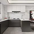 Modern Open Kitchen Interior With Gray Cabinets Marble Countertop Dining Table And Chairs 3d model