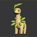 3D Game Character With Yellow Body Red Eyes Green Buds On Back And Head Leaf