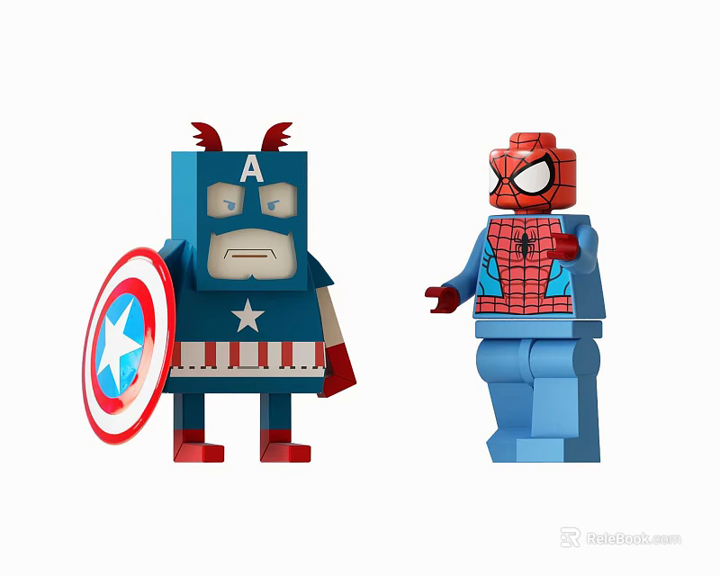 Captain America and Spider Man Block Style Dolls with Classic Superhero Outfits 3d model 