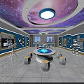 Kindergarten with Starry Ceiling Blue Walls Interactive Pool Robot Telescope Hexagon Decor and White Stools