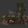 Vintage Functional Desk With Open Books Candles Scrolls Colorful Bottles Wooden Barrel And Cabinet