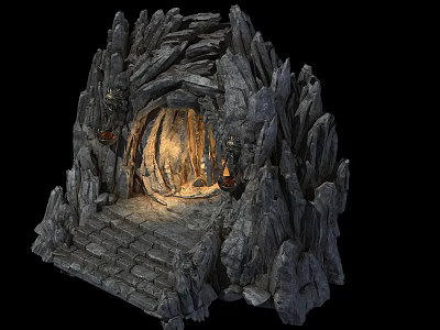Mysterious Stone Cave Entrance With Illuminated Torches And Stone Steps 3d model