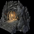 Mysterious Stone Cave Entrance With Illuminated Torches And Stone Steps