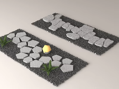 Stepping Stones Garden Path With Gray Stones Black Gravel Small Plants And Yellow Lamp 3d model