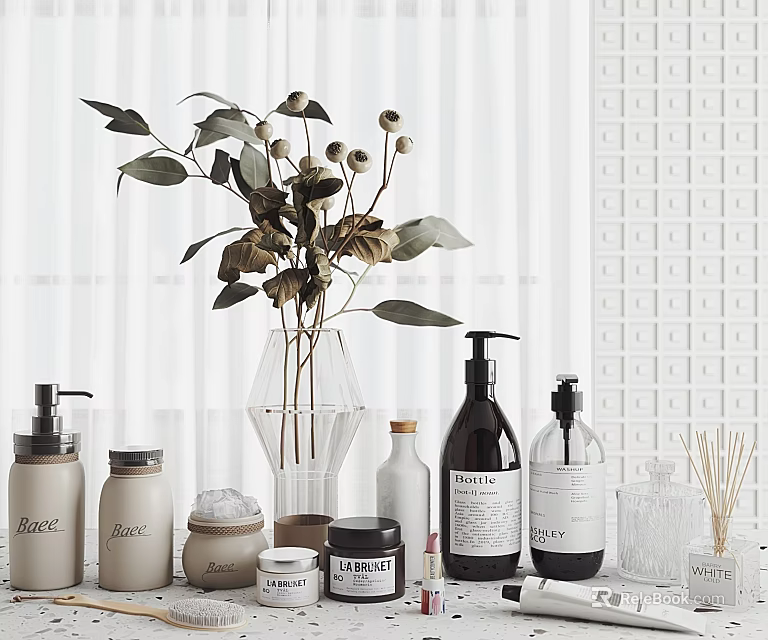 Minimalist Modern Bathroom Accessories With Dried Flowers Diffuser Jars And Soap Dispensers 3d model 