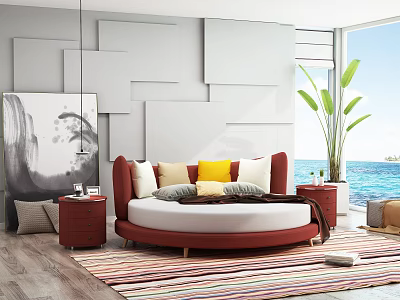 Red Round Double Bed With Colorful Pillows On Striped Rug And White Geometric Wall 3d model