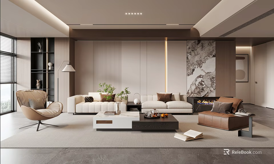 Modern Living Room Interior with Sofa Coffee Table Plant and Decor Elements 3d model