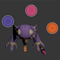 Purple Mechanical Rabbit Like Robot Character Painting With Colorful Paint Buckets On Reflective Floor