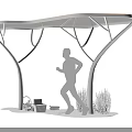 Modern Roadside Facility with Canopy Bicycle Parking Table and Runner in Green Surroundings