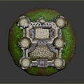 Cartoon Castle Scene With Dome Shaped Towers Stone Stairs Green Grass And Red Doors