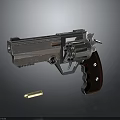 Classic Silver Metal Revolver With Brown Wooden Grip And Single Bullet On Dark Background