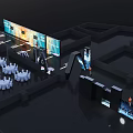 AI Conference Venue With Modern Stage Seating And Digital Background Design