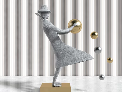 Hatted Female Sculpture Holding Golden Ball In Long Dress With Floating Balls Vertical Striped Wall 3d model