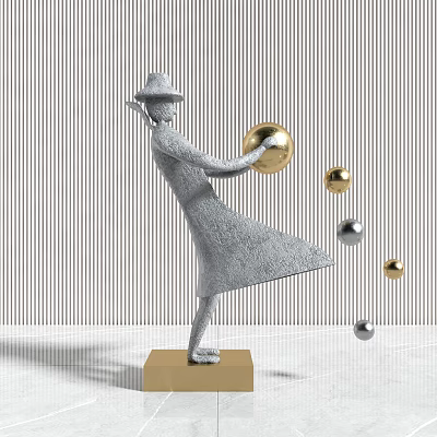 Hatted Female Sculpture Holding Golden Ball In Long Dress With Floating Balls Vertical Striped Wall 3d model