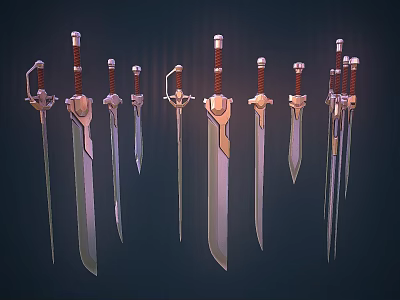 Multiple Decorative Swords Featuring Ornate Hilts And Sharp Blades Arranged On Dark Background 3d model