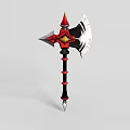 Decorative Battle Axe With Red Silver Blades And Black Long Handle Featuring Red Diamond Accents