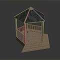 Wooden Garden Gazebo With Green Tile Roof And Wooden Railings Square Base