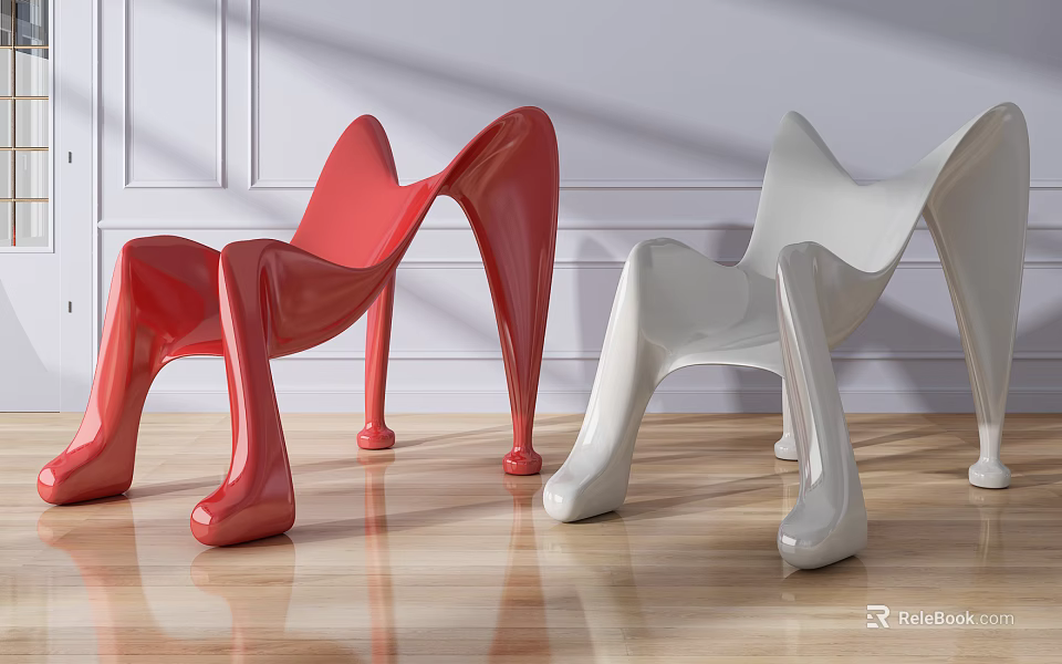 Modern Single Chair With Unique Curved Design In Red And White Colors On Wooden Floor 3d model 