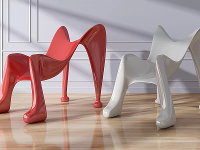 Modern Single Chair With Unique Curved Design In Red And White Colors On Wooden Floor 3d model