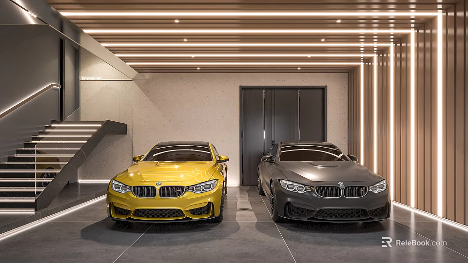 Modern Garage Interior With Yellow And Gray Sports Cars And Staircase Lighting 3d model 