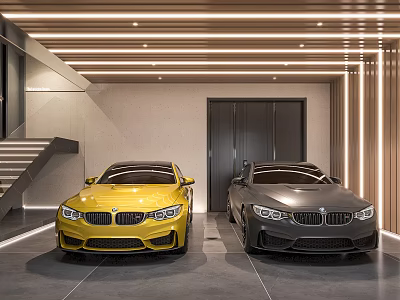 Modern Garage Interior With Yellow And Gray Sports Cars And Staircase Lighting 3d model