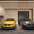 Modern Garage Interior With Yellow And Gray Sports Cars And Staircase Lighting
