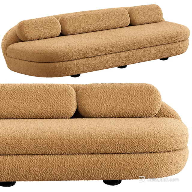 Cozy Brown Fluffy Three Seater Sofa With Rounded Armrests And Backrest 3d model