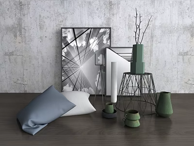 Modern Decorative Ornament Set with Geometric Wall Art Metal Stand Green Vases and Throw Pillows 3d model